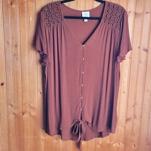 St John's Bay Brown Blouse with Flutter Sleeves & Lacey Beading Size XL
